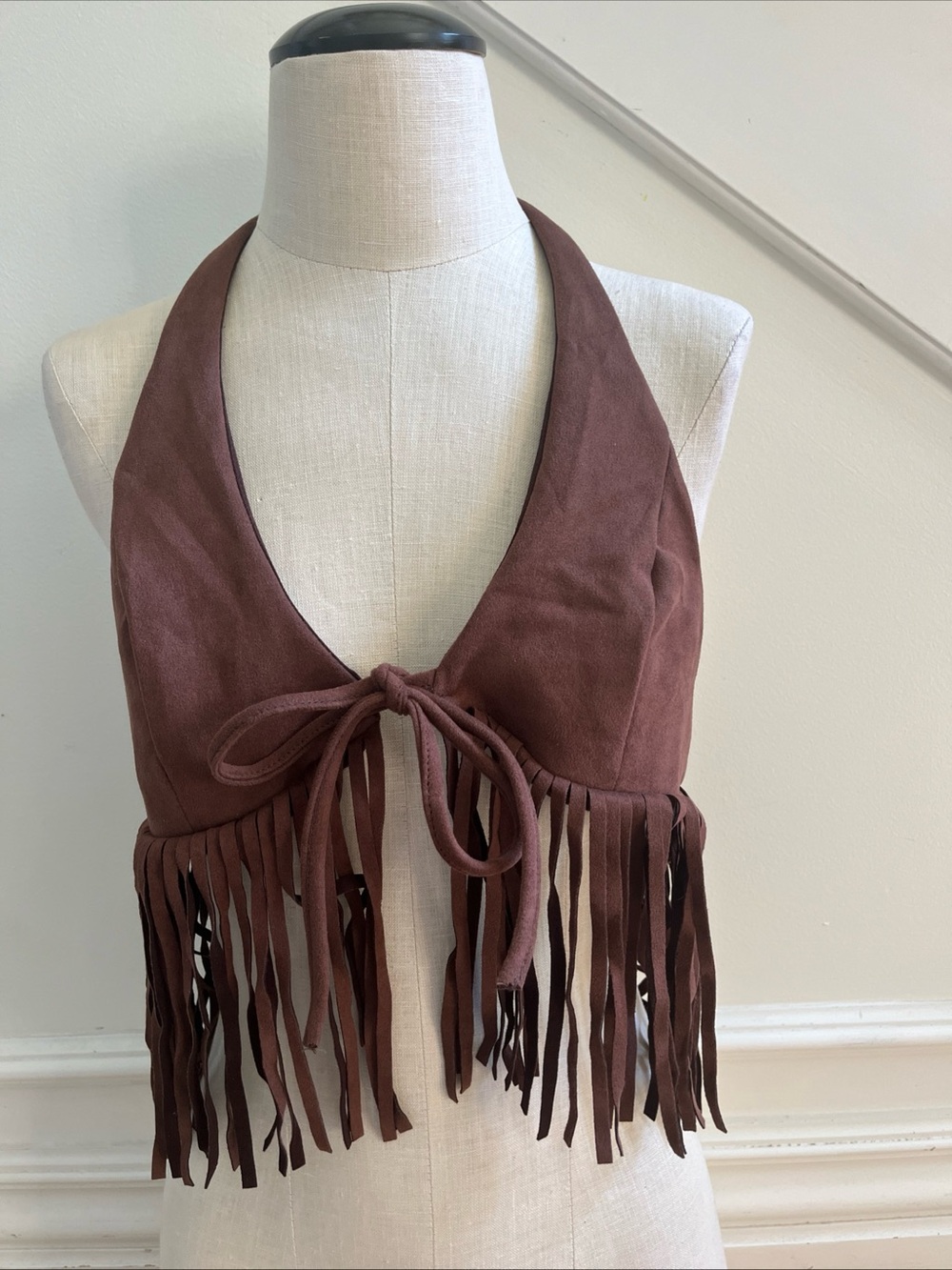 Western Festival Fringe Faux Leather Tie-Front Halter Top in Brown size XL